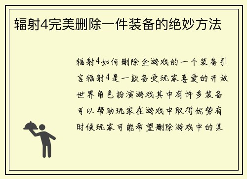 辐射4完美删除一件装备的绝妙方法